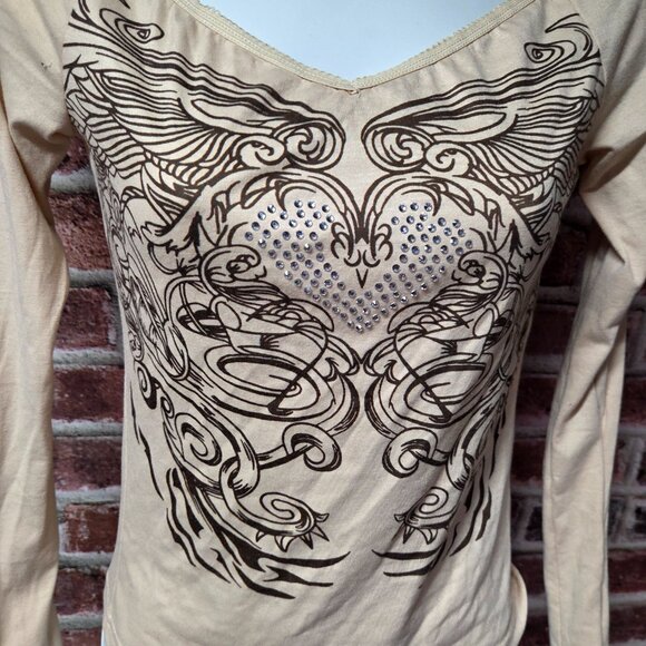 Cider Top XS | Tan Rhinestone V Neck Long Sleeve Y2K Coquette Sparkle Chic - Picture 3 of 7